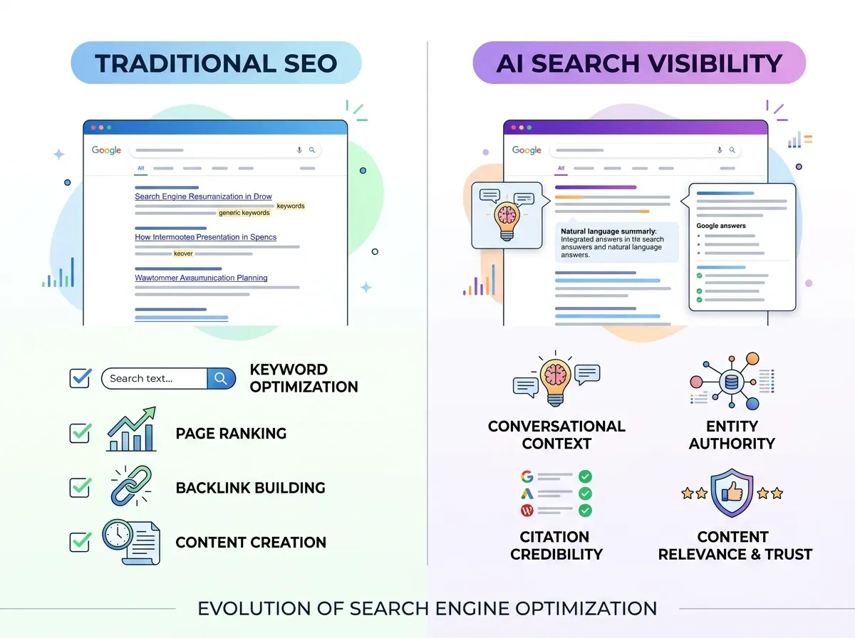 Comparison chart of traditional SEO vs AI-native search visibility
