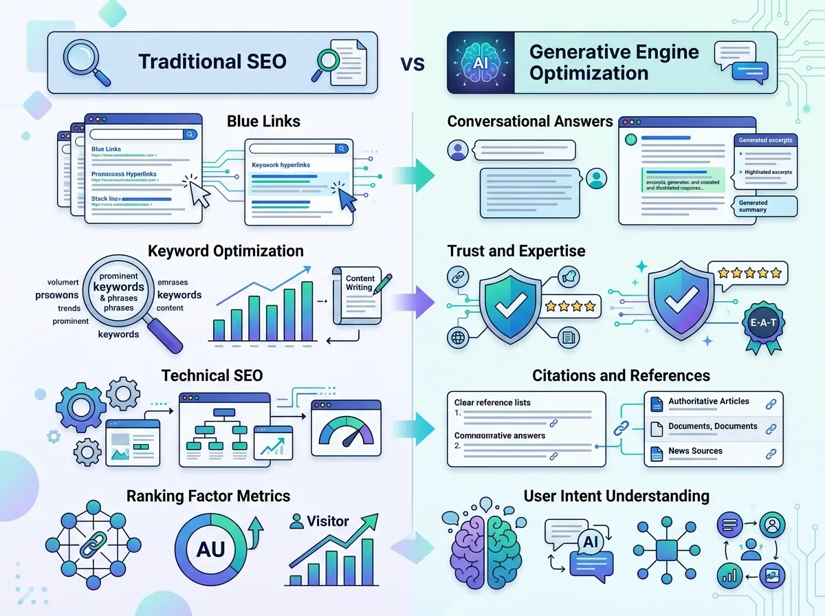 Comparison chart: Traditional SEO vs Generative Engine Optimization
