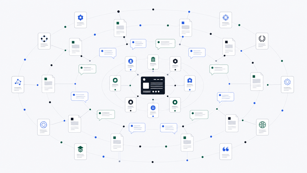A startup website connected to a layered network of profiles, communities, publications, and independent authority sources